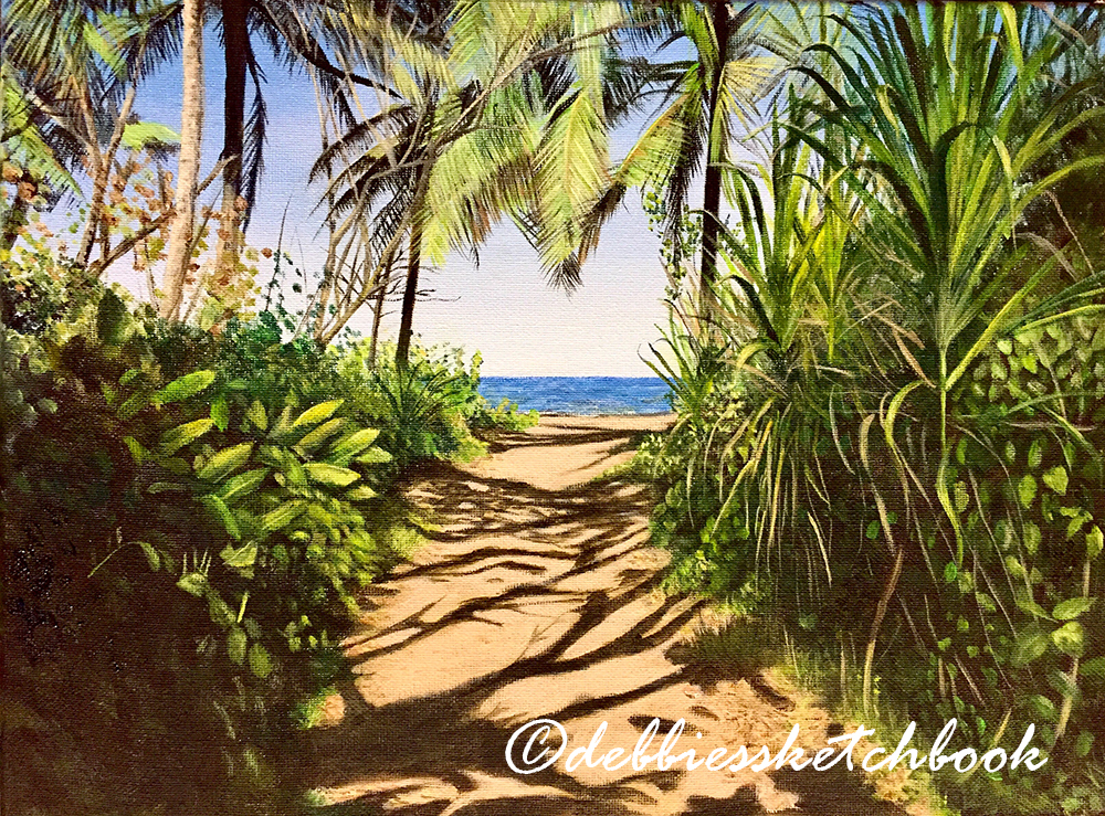 Acrylic painting of a forest and beach in Costa Rica