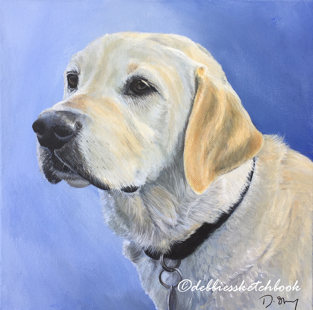 Acrylic painting of yellow Labrador on a blue background