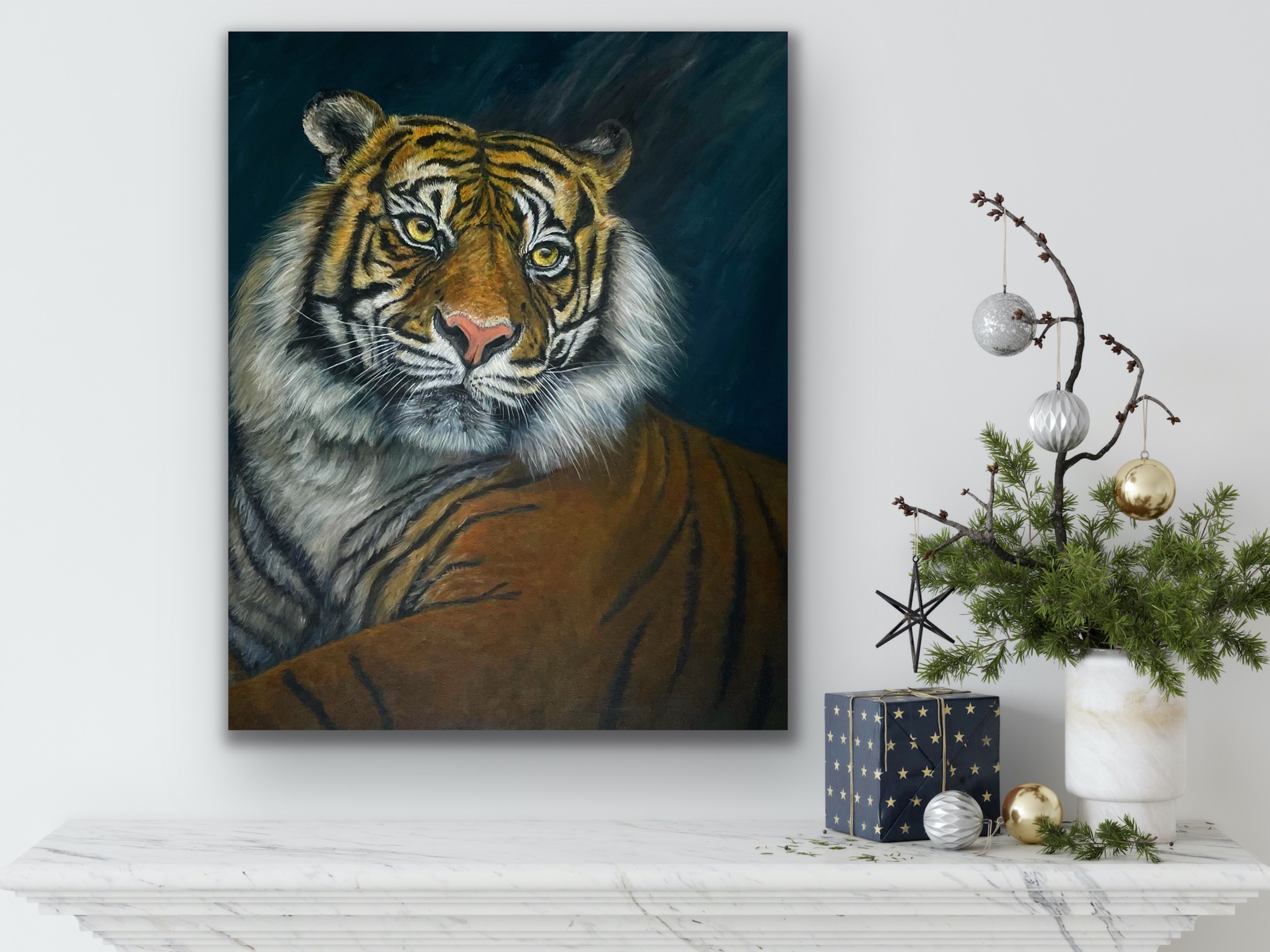 Tiger painting on dark green background hanging on white wall by Debbie Storey