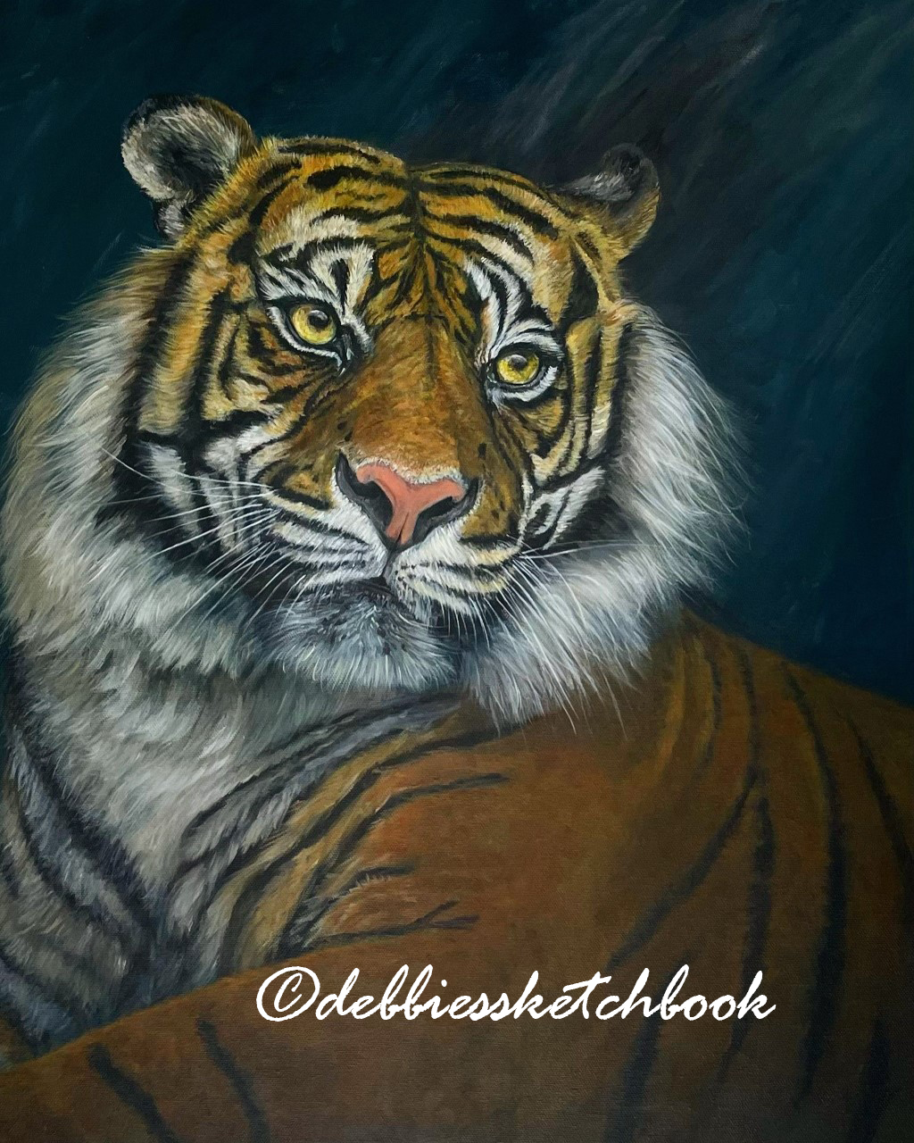 Tiger painting on dark green background by Debbie Storey