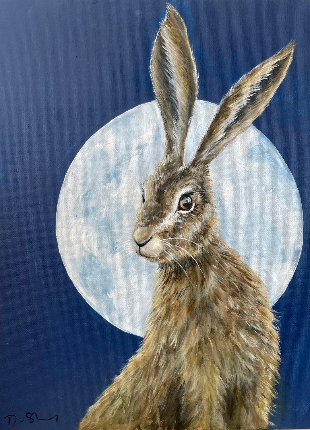 Painting of a hare in front of a full moon, by Debbie Storey