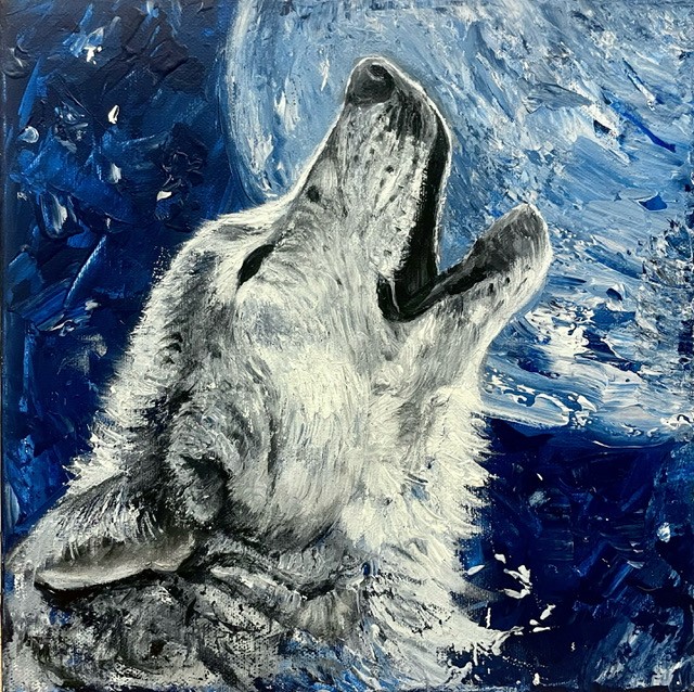 Painting of a wolf howling at the moon by Debbie Storey