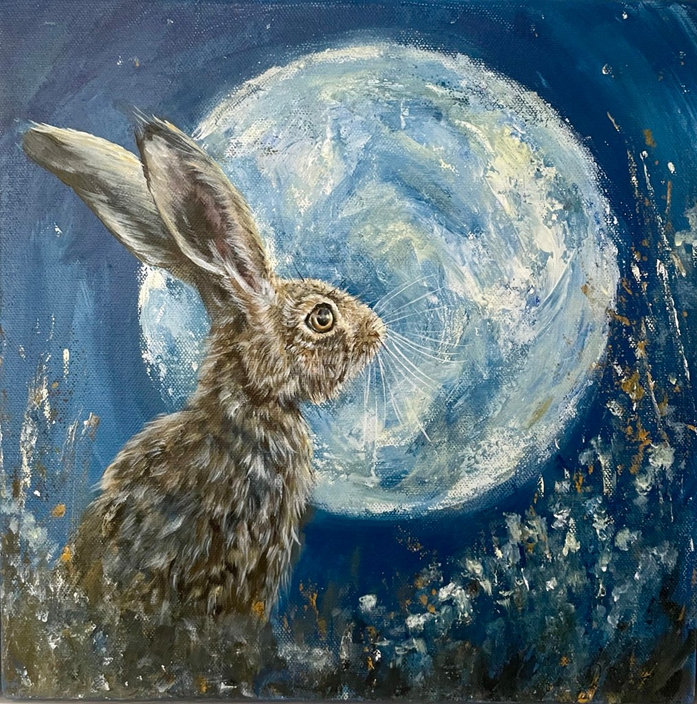 Painting of a hare staring at the moon