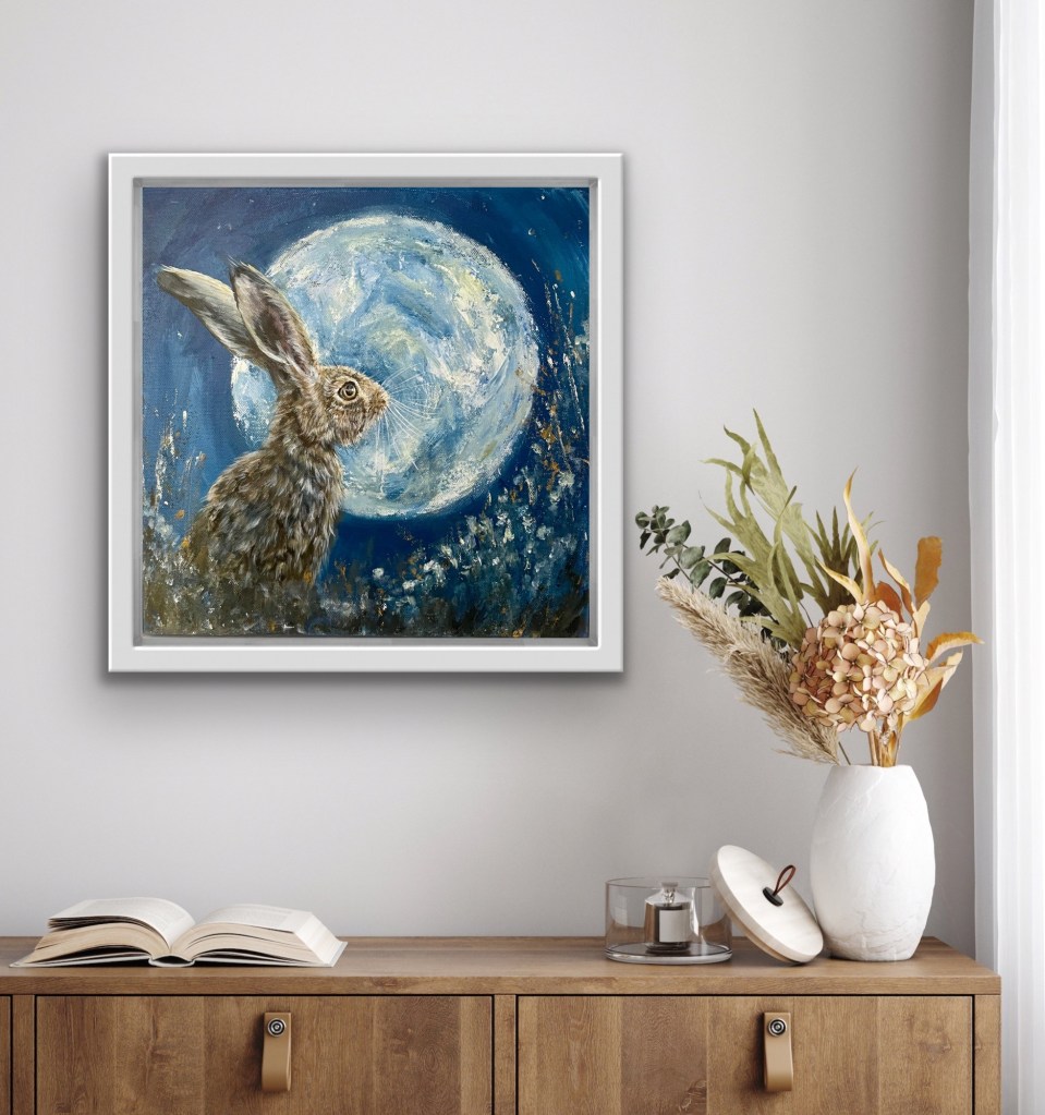 Painting of a hare looking at a full moon, by Debbie Storey