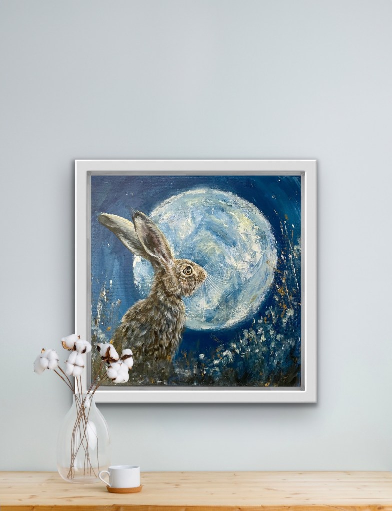 Painting of a hare looking at a full moon by Debbie Storey