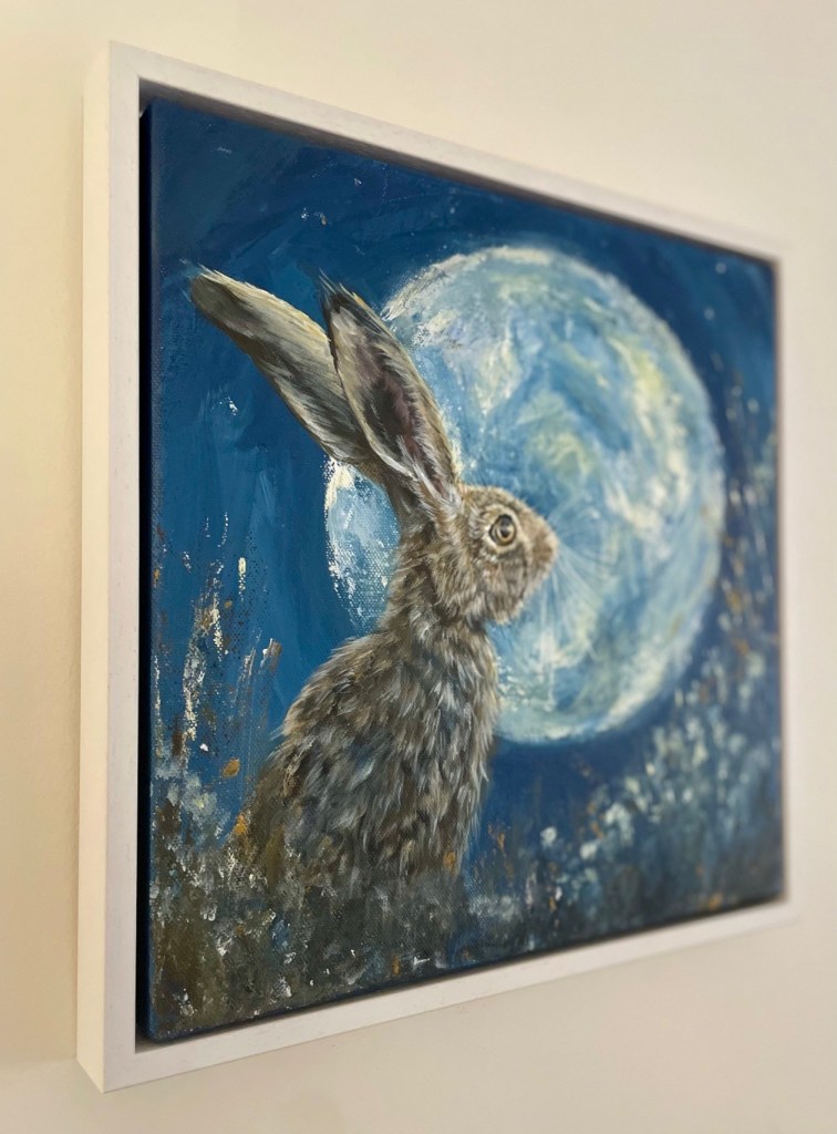 Painting of a hare looking at a full moon by Debbie Storey