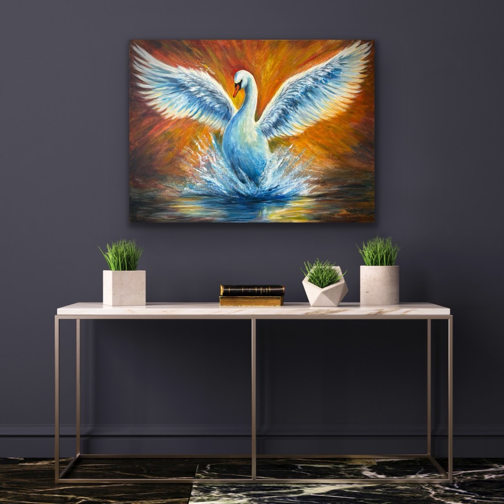 Swan painting on blue wall by Debbie Storey
